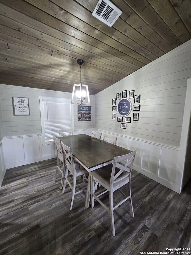 dining room with an inviting chandelier, lofted ceiling, dark wood-type flooring, and wooden ceiling