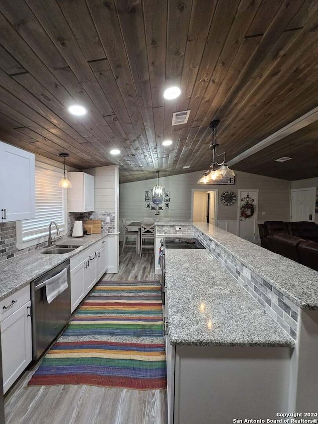 kitchen with white cabinets, stainless steel dishwasher, wood ceiling, and sink