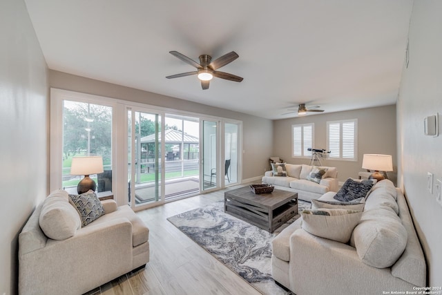 living room with ceiling fan and light wood-type flooring