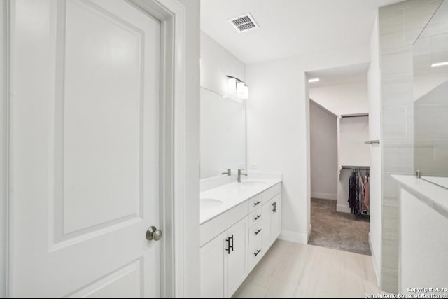 bathroom featuring a shower and vanity