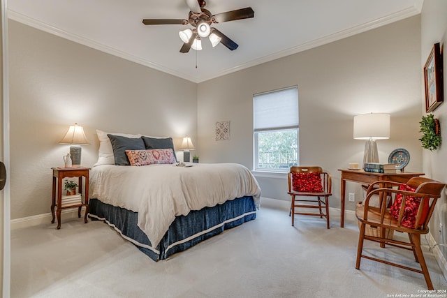 bedroom featuring carpet, ceiling fan, and crown molding