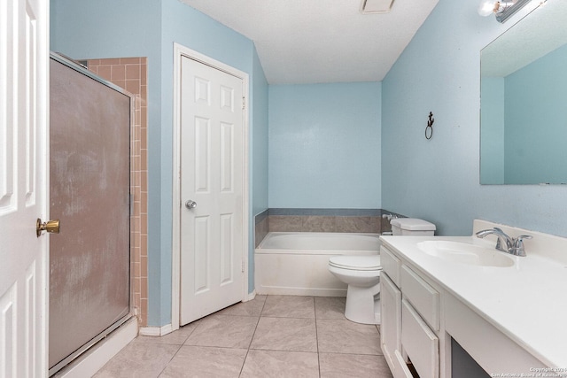 full bathroom with tile patterned flooring, vanity, independent shower and bath, and toilet