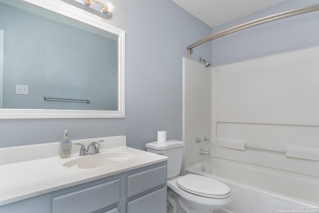 full bathroom with toilet, vanity, and bathing tub / shower combination