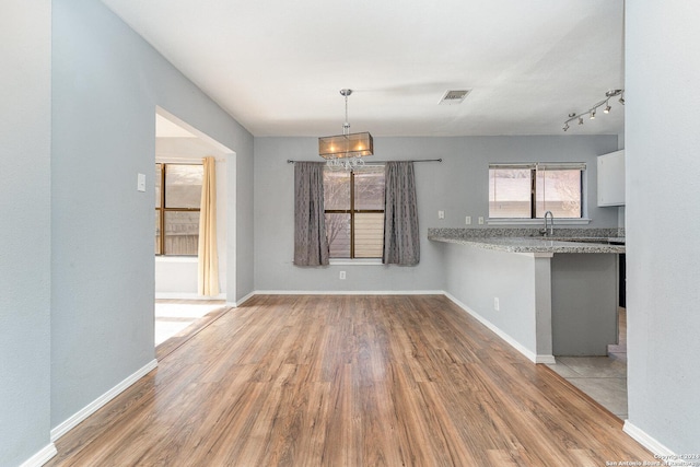 unfurnished dining area featuring sink and light hardwood / wood-style floors