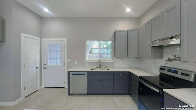 kitchen with sink, light hardwood / wood-style flooring, decorative backsplash, gray cabinets, and stainless steel appliances