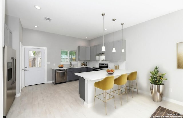 kitchen with sink, gray cabinets, a kitchen bar, kitchen peninsula, and stainless steel appliances