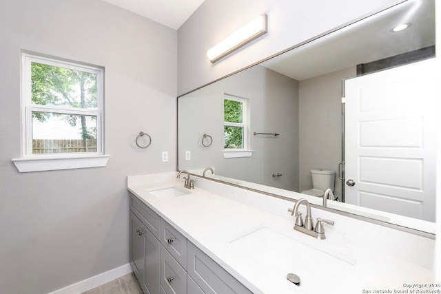 bathroom featuring plenty of natural light, vanity, wood-type flooring, and toilet