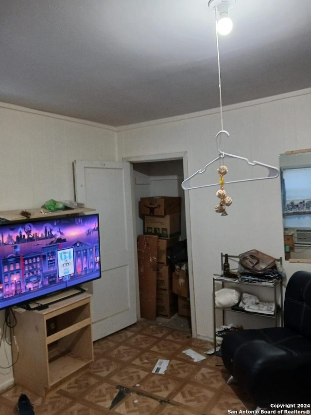 living room with crown molding