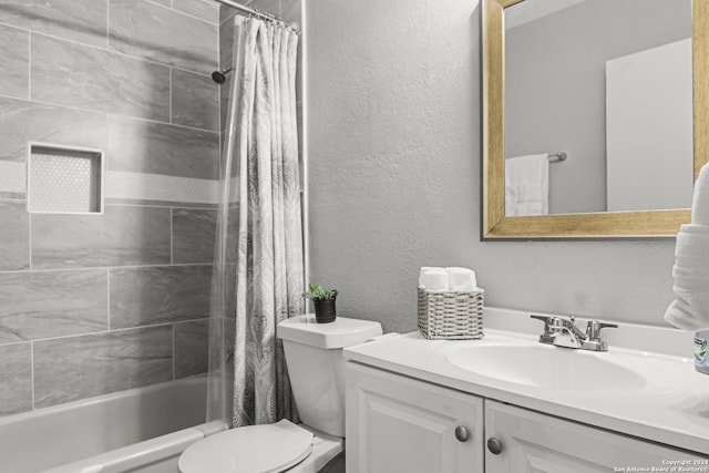 full bathroom with vanity, toilet, and shower / bathtub combination with curtain