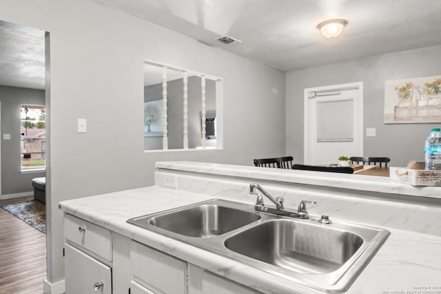 kitchen with hardwood / wood-style floors, white cabinets, and sink