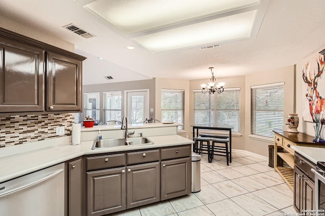 kitchen featuring sink, dishwasher, an inviting chandelier, backsplash, and dark brown cabinets