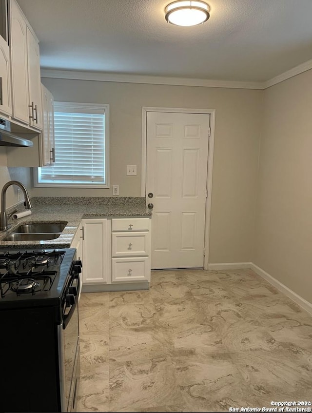 kitchen with white cabinets, gas stove, crown molding, and sink