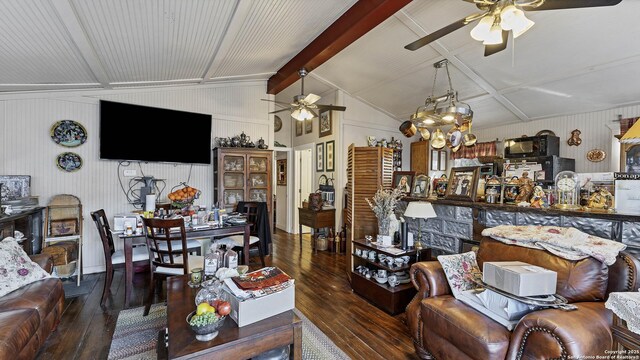 326 Cedar Dr, Canyon Lake, TX 78133 - living area with a ceiling fan, hardwood / wood-style floors, and wooden walls