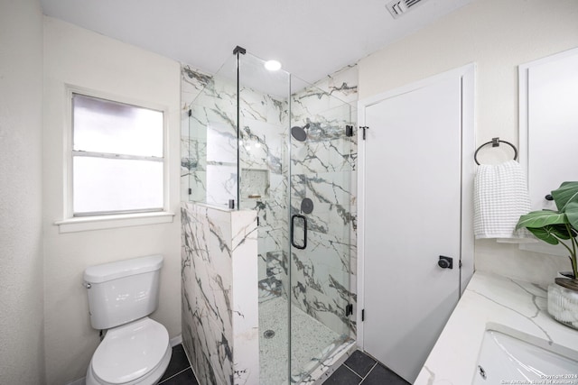 bathroom with walk in shower, tile patterned flooring, vanity, and toilet