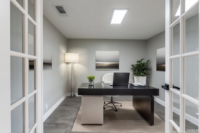 office area with french doors and wood-type flooring