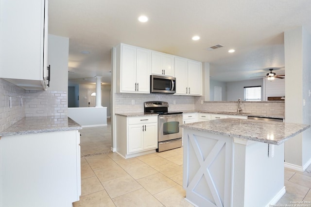 kitchen featuring kitchen peninsula, white cabinetry, sink, and stainless steel appliances