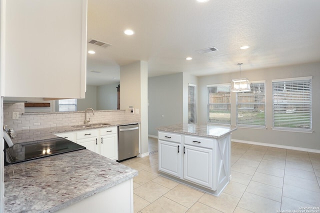 kitchen with pendant lighting, dishwasher, white cabinets, sink, and light stone countertops