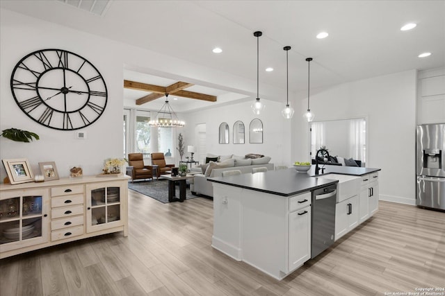 kitchen featuring stainless steel appliances, beam ceiling, decorative light fixtures, light hardwood / wood-style flooring, and white cabinets