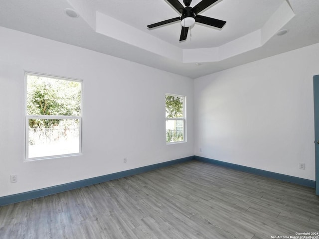 empty room with a raised ceiling, ceiling fan, and wood-type flooring