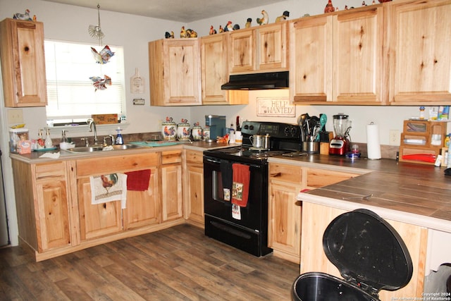 kitchen featuring light brown cabinets, dark hardwood / wood-style flooring, sink, and black range with electric cooktop