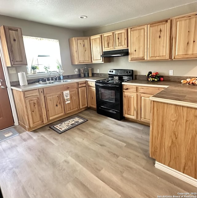221 Chaparral St, Uvalde, TX 78801 - kitchen with black electric range, under cabinet range hood, light brown cabinetry, light wood-type flooring, and a textured ceiling