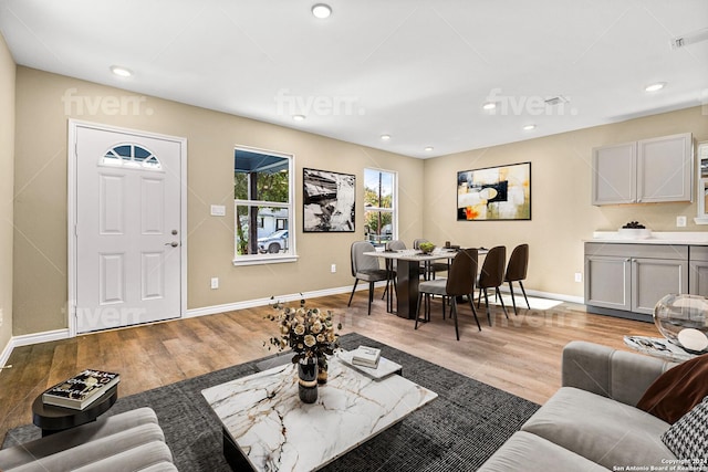 living room with light hardwood / wood-style flooring