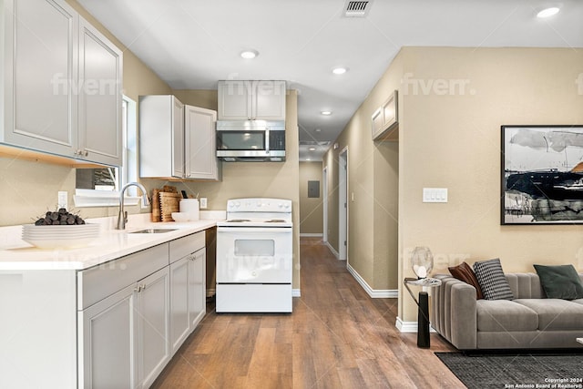 kitchen featuring hardwood / wood-style flooring, white electric stove, and sink