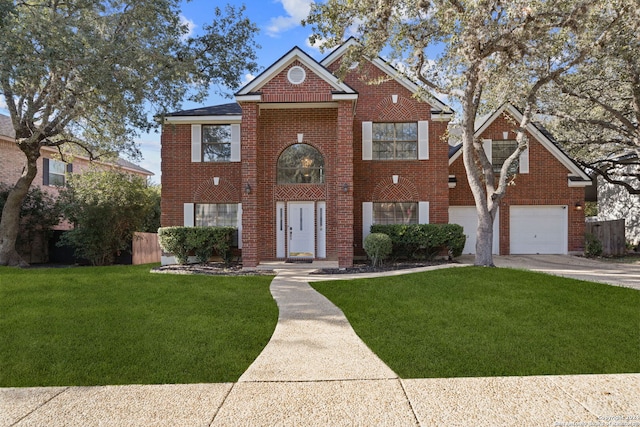 front facade with a front lawn and a garage