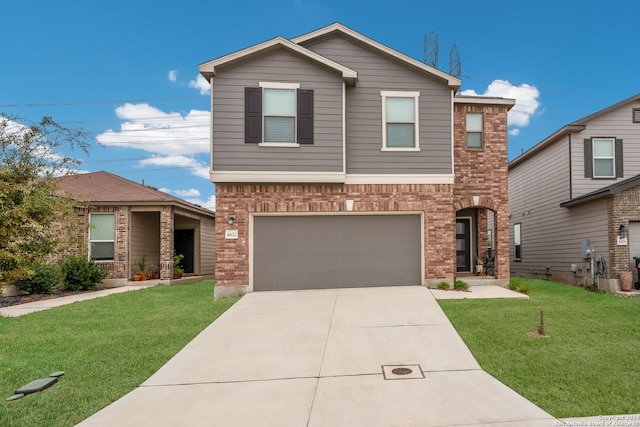 front facade featuring a garage and a front lawn