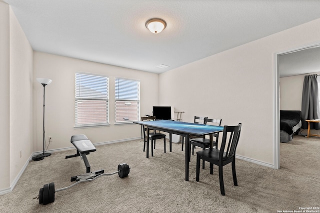 playroom with light carpet and a textured ceiling