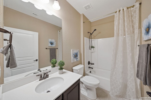 full bathroom with toilet, tile patterned floors, vanity, and shower / bath combo