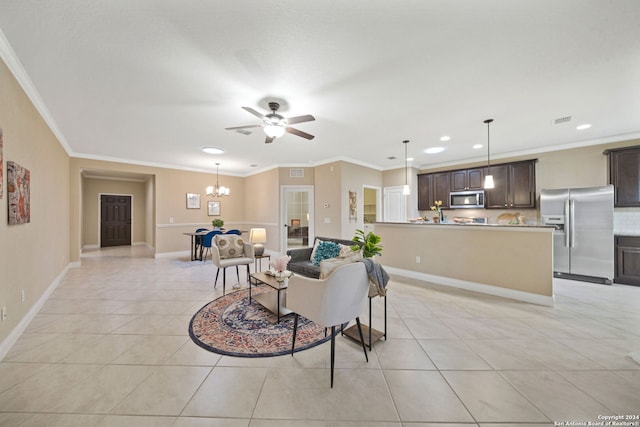 tiled living room featuring ceiling fan with notable chandelier and crown molding