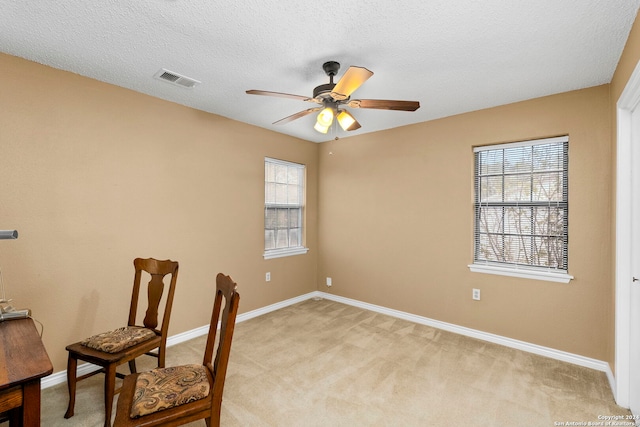 carpeted home office featuring ceiling fan and a textured ceiling