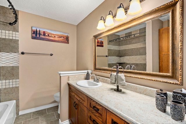 full bathroom with vanity, tile patterned floors, toilet, shower with separate bathtub, and a textured ceiling