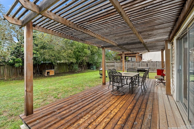 wooden terrace with a pergola and a lawn