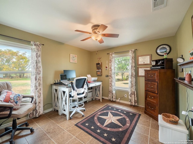 tiled office with ceiling fan