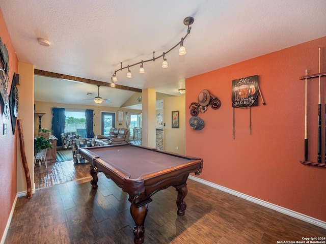 recreation room featuring rail lighting, vaulted ceiling, ceiling fan, billiards, and hardwood / wood-style floors