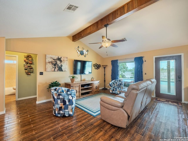 living room featuring vaulted ceiling with beams, ceiling fan, and dark hardwood / wood-style floors