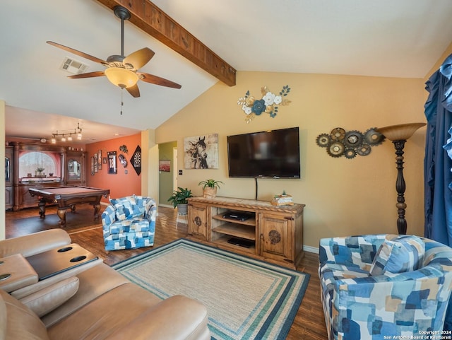 living room with vaulted ceiling with beams, ceiling fan, dark hardwood / wood-style flooring, and billiards