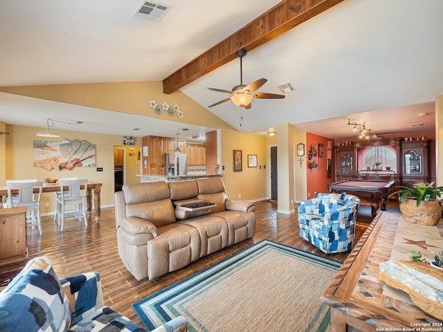 living room with ceiling fan with notable chandelier, vaulted ceiling with beams, light wood-type flooring, and pool table