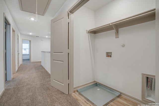 laundry room with light colored carpet and hookup for a washing machine