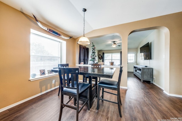 dining area with dark hardwood / wood-style floors, vaulted ceiling, and ceiling fan