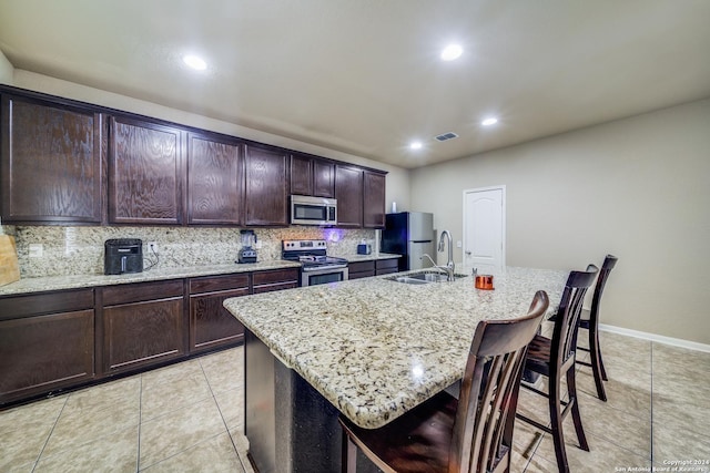 kitchen with appliances with stainless steel finishes, backsplash, a center island with sink, and sink