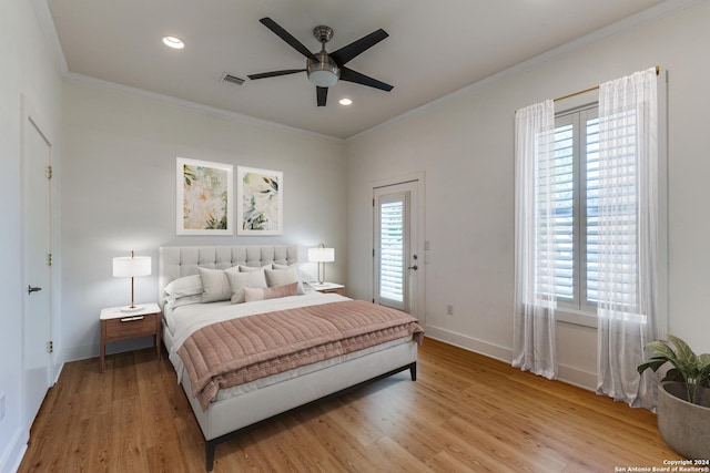 bedroom with ceiling fan, light hardwood / wood-style floors, crown molding, and access to outside