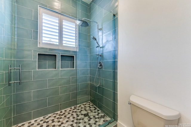 bathroom with toilet and a shower with door