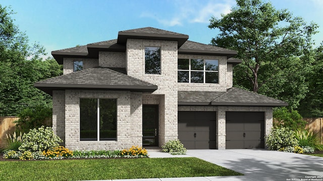 view of front of house featuring an attached garage, a front yard, concrete driveway, and brick siding