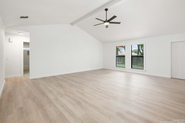 unfurnished room with lofted ceiling with beams, ceiling fan, and light wood-type flooring