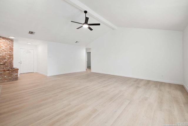 unfurnished living room featuring vaulted ceiling with beams, ceiling fan, and light hardwood / wood-style floors