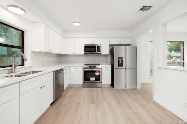 kitchen with stainless steel appliances, plenty of natural light, light hardwood / wood-style floors, and sink