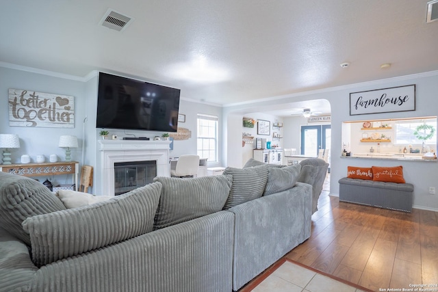 living room with ceiling fan, light hardwood / wood-style floors, and ornamental molding